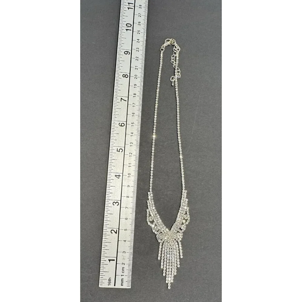 Crystal Fringe Necklace Rhinestone Waterfall Statement Choker Costume Jewelry - Picture 8 of 9